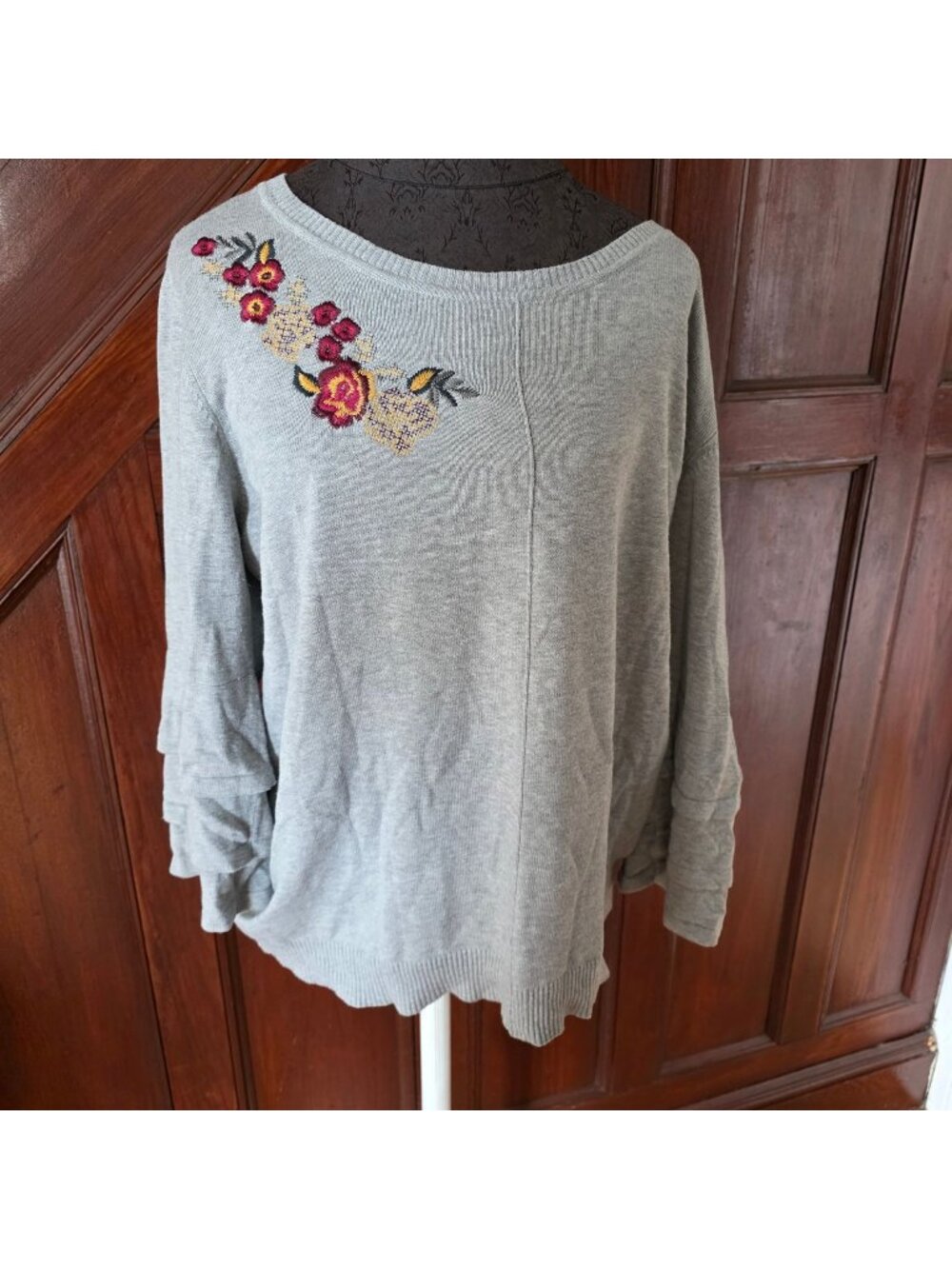 Tribal Gray Knit Sweater With Floral Embroidery Ruffle Sleeves & Ribbed Hemline